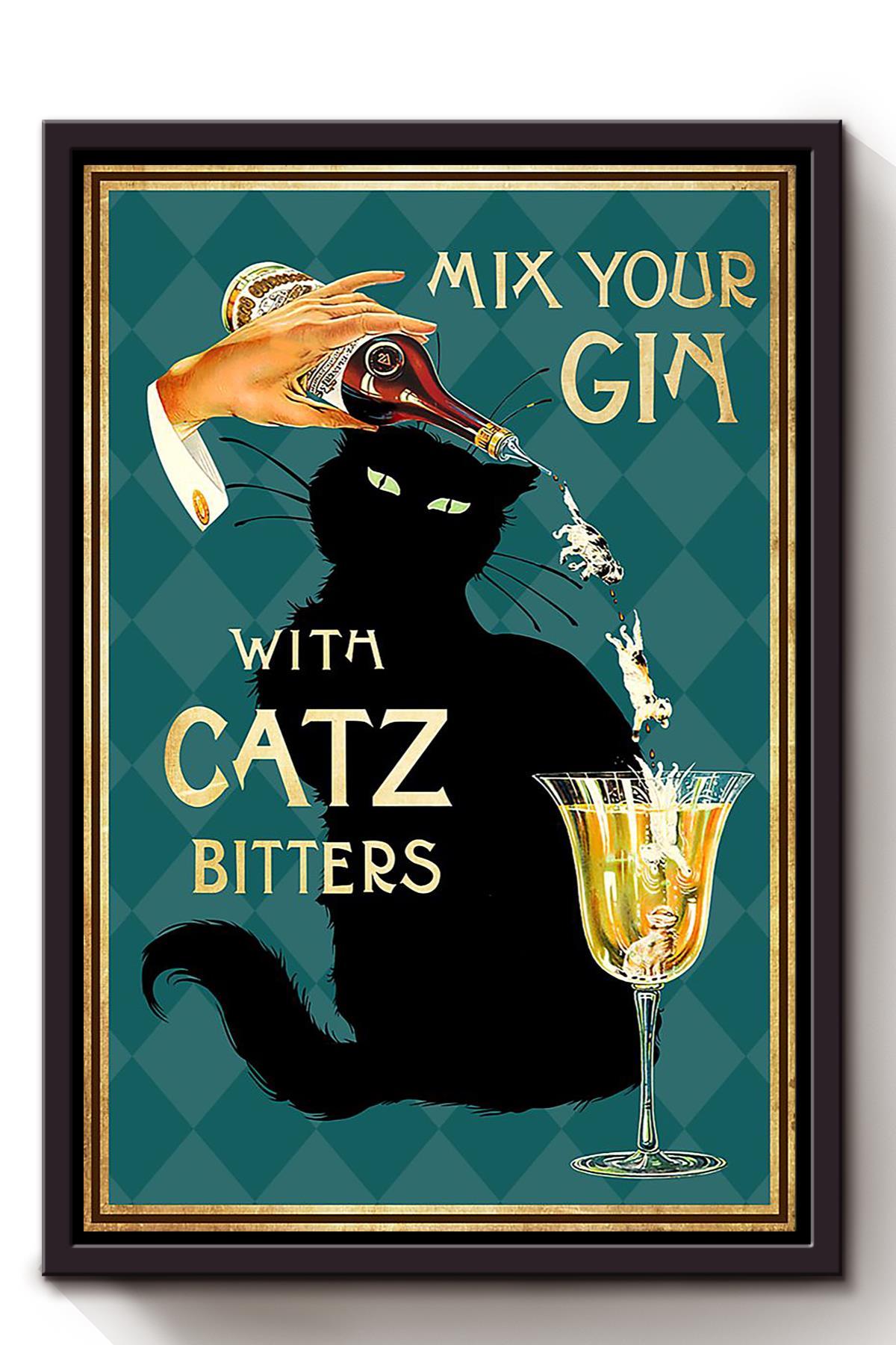 Mix Your Gin With Catz Animal Wall Art Gift For Cat Lover International Cat Day Kitten Foster Pub Decor Framed Canvas