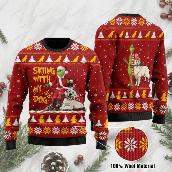 Grinch Skiing With My Dog Golden 100% Wool Material Sweater HN041101