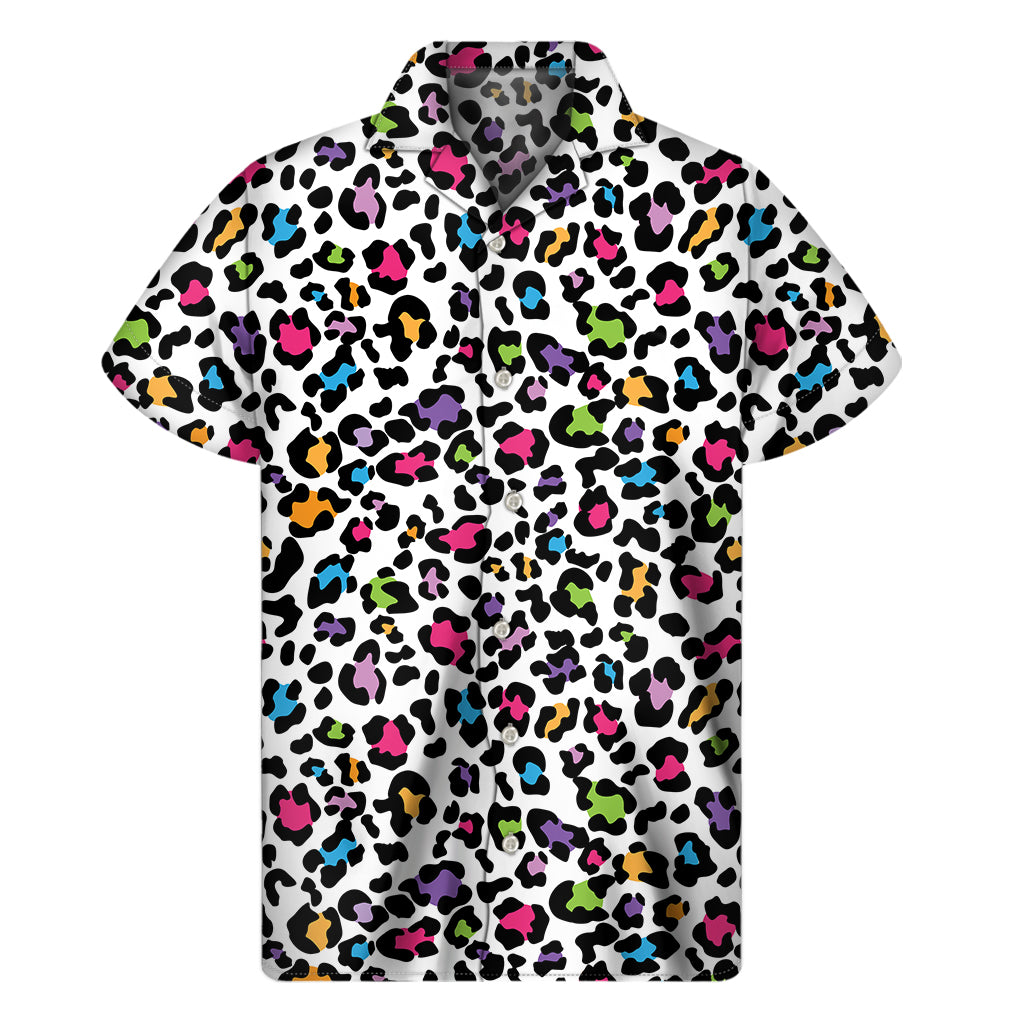 White And Rainbow Leopard Print Men’S Short Sleeve Shirt