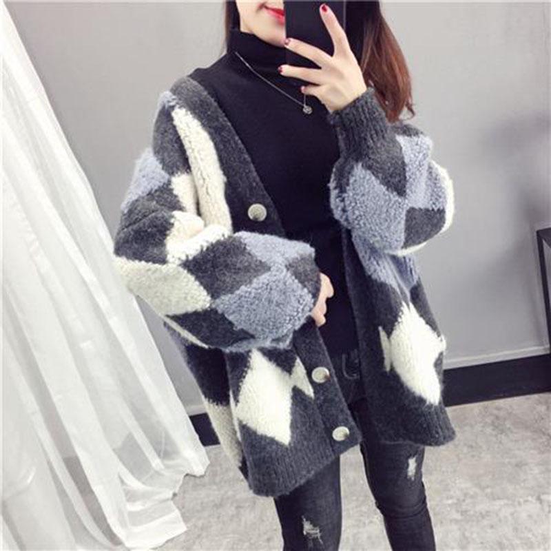 Sweater Thicken Cardigan Mohair Loose Lantern Sleeve Sweater Mid-length Knitted Cardigan Sweater Coat Autumn and Winter alx