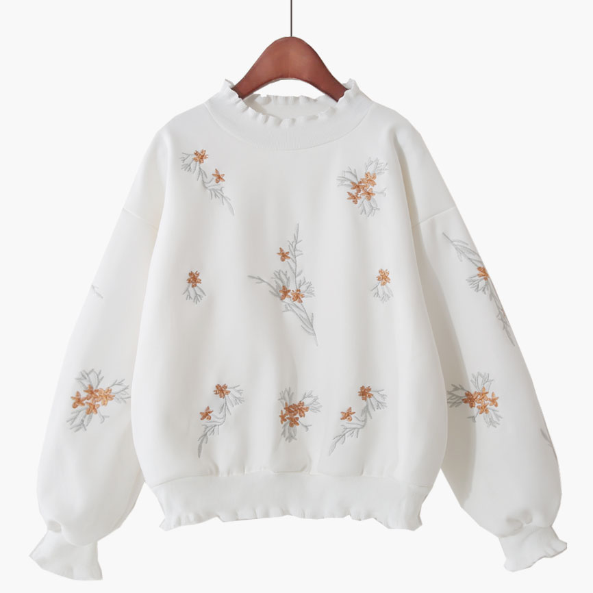 2022 Winter New Women Sweater and Pullovers Flower Embroidery Lantern Sleeved Ruffles Loose Thicken Warm Pulls Outwear Coat Tops alx