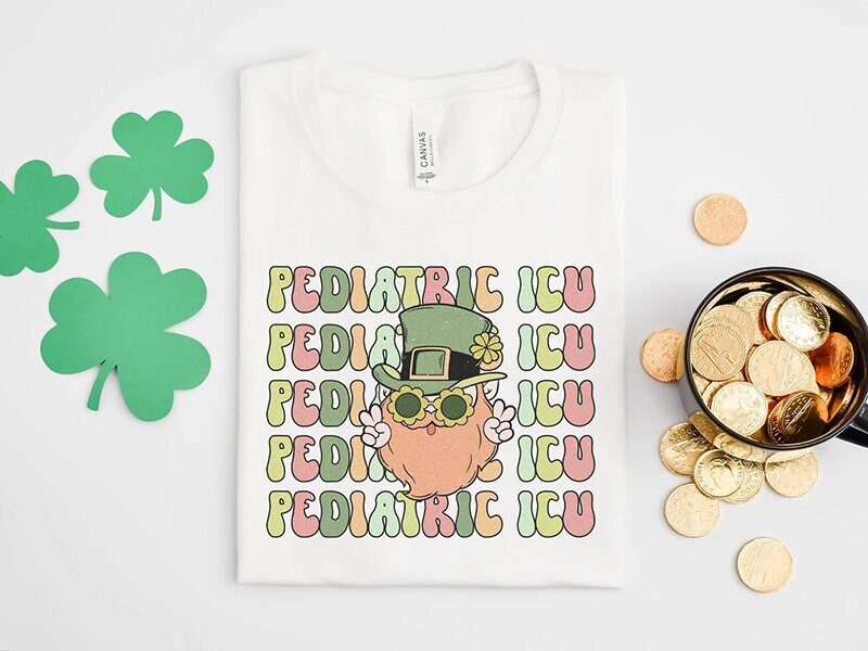 Retro PICU St Patrick’s Day T-Shirt, Funny Pediatric ICU Nurse Rn Tech Saint Patty’s Shirt, Peds Nurse Groovy Leprechaun Tshirt