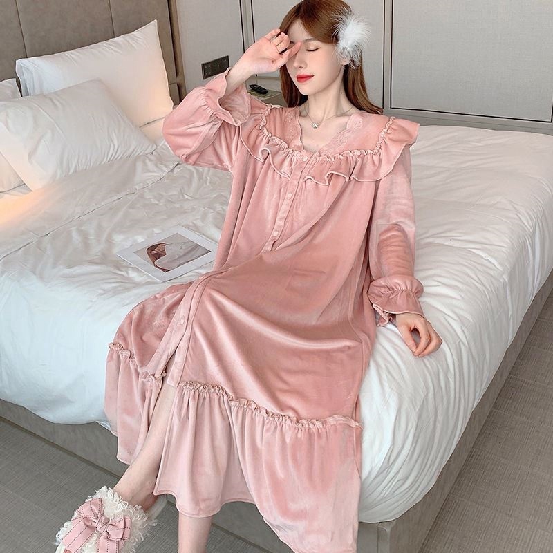 2022 Autumn Winter Long Sleeve V-neck Thick Warm Gold Velvet Nightgowns for Women Korean Sleepwear Night Dress Nightdress Nighty alx