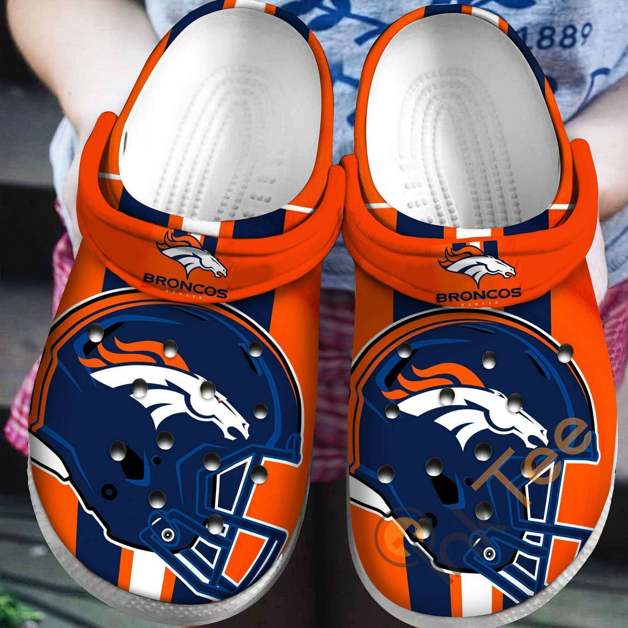 Denver Broncos Logo Pattern Crocs Classic Clogs Shoes In Blue & Orange