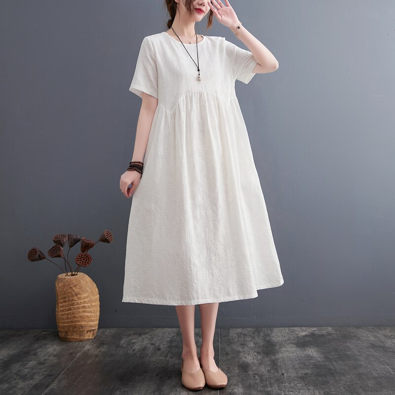 2022 New Arrival Japan Style Soft Cotton Linen Jacquard Loose Cozy Fashion Women Summer Dress Holiday Travel Casual Midi Dress alx