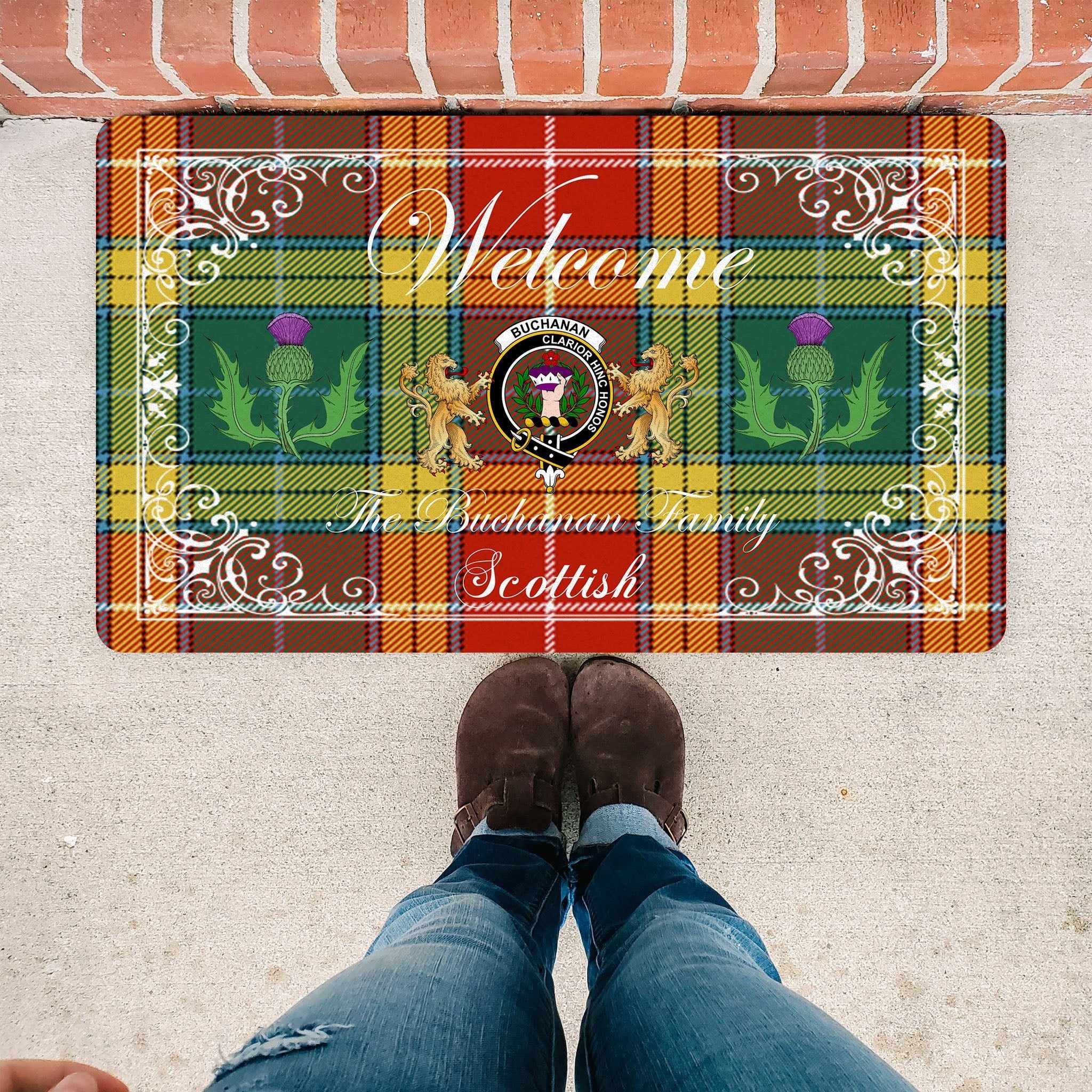 Scotstee Shop Tartan Door Mats Clan Buchanan Old Sett Badge Tartan Thistle And Two Lion Scottish Plaid Doormat, Christmas Door Mat Gift