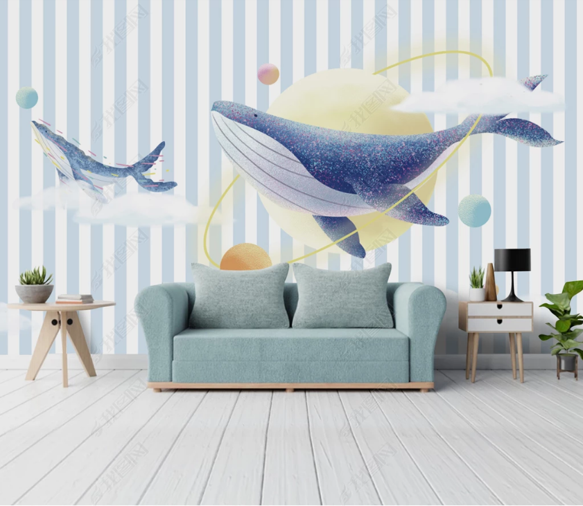 3D Cartoon Blue Striped Dolphin Wall Mural Wallpaper Lqh 99