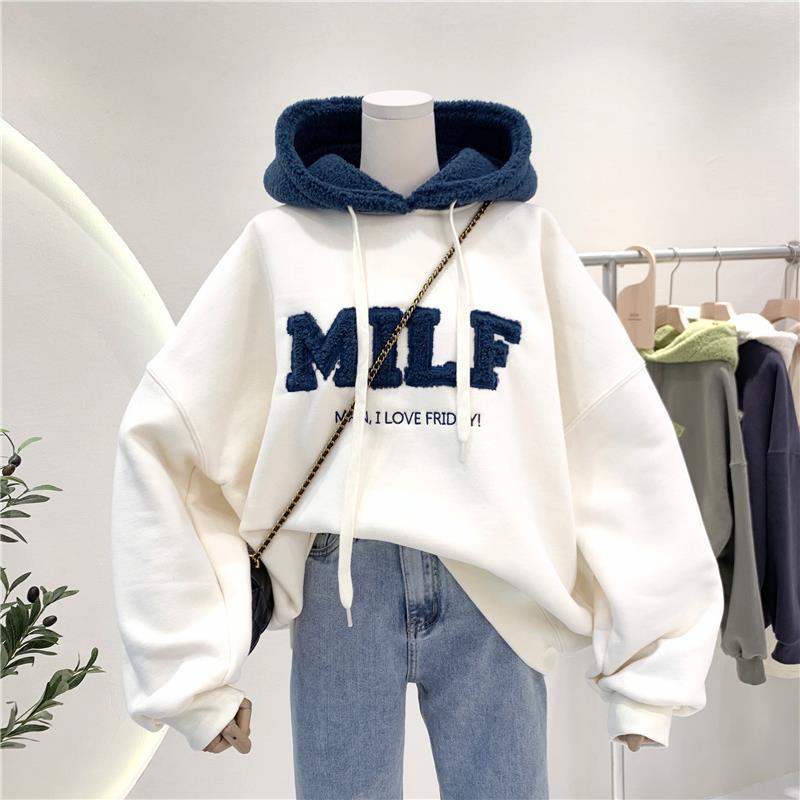 WYWMY MILF Letter Print Lamb Wool Hoodies Women Sweatshirts Loose Korean Style Full Sleeve Casual Hooded Winter Jacket Tops 2021 alx