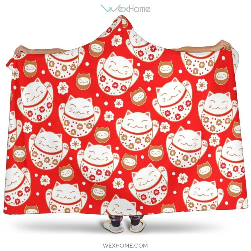 Cute Maneki Neko Lucky Cat Red Background Hooded Blanket