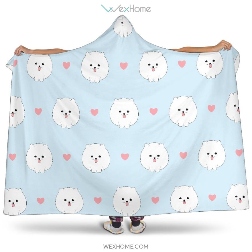 White Cute Pomeranian Pattern Hooded Blanket