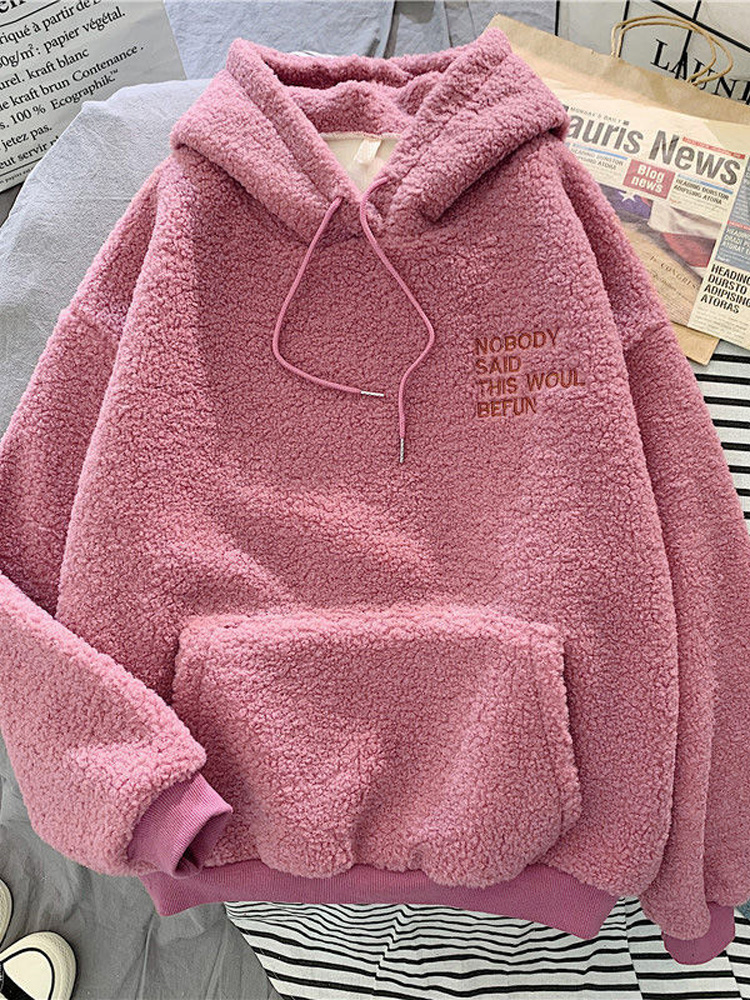 2022 NEW Plush Thickening Letter Sweatshirts Women Loose Coat Hooded Korean Fashion Pocket Keep Warm All-match Lady Top alx