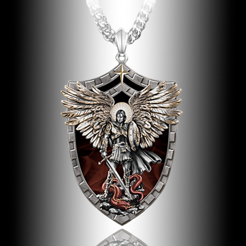 Stainless Steel Necklace for Men Warrior Guardian Holy Angel Saint Michael Pendant Necklace Men Knight Shield Jewelry Gift alx