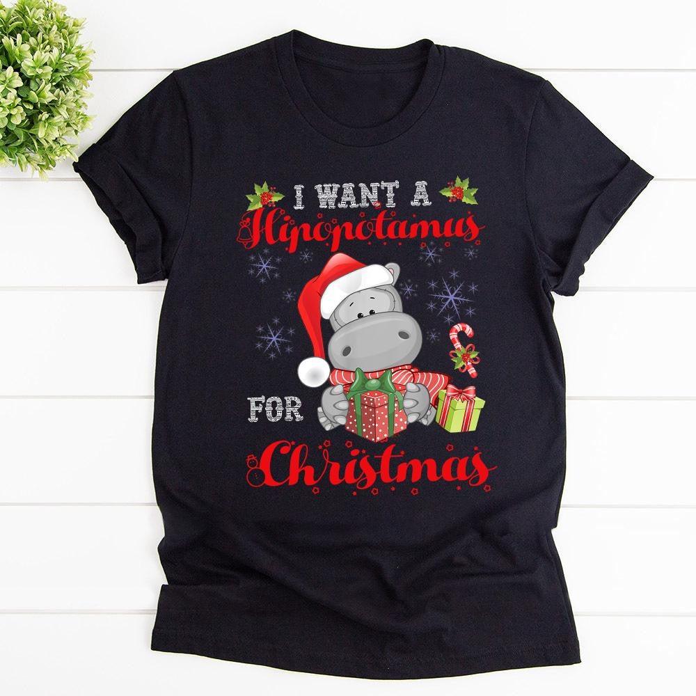 Christmas Hippopotamus I Want A Hippopotamus Hippo Gifts Santa Hat Candy Cane Graphic Unisex T Shirt, Sweatshirt, Hoodie Size S – 5XL