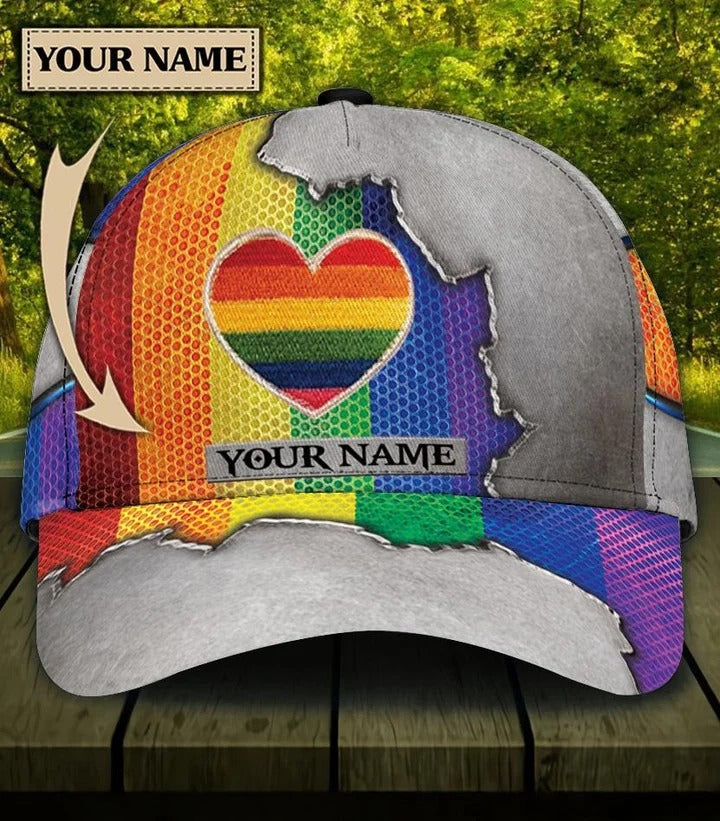 Custom Name Colorful Heart Pride Cap For Couple Gay Man, Be Strong Lgbt Printing Baseball Cap Hat