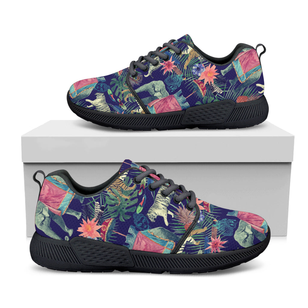 Asian Elephant And Tiger Print Black Athletic Shoes