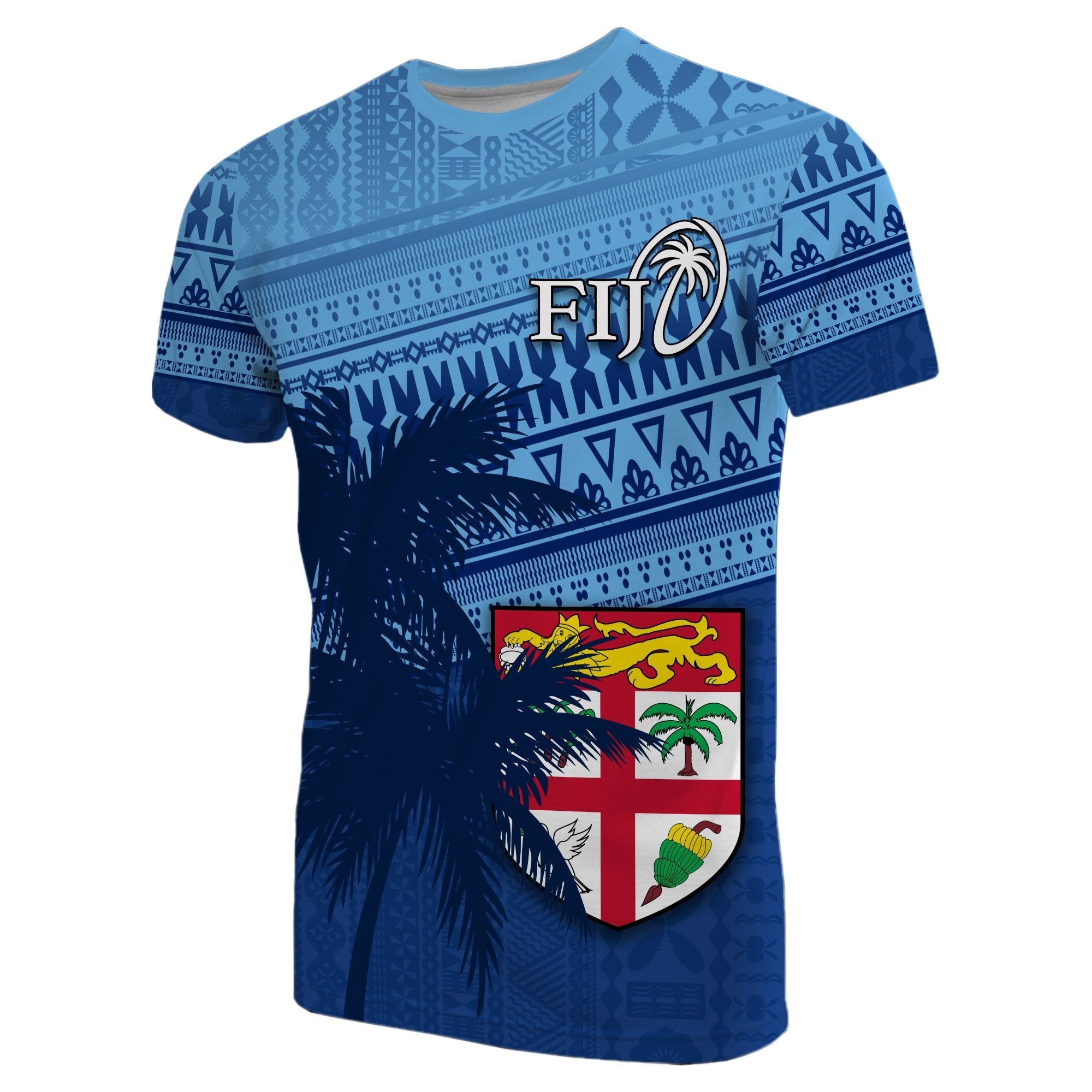 (Custom Personalised) Fiji Rugby Makare And Tapa Patterns T-Shirt Blue