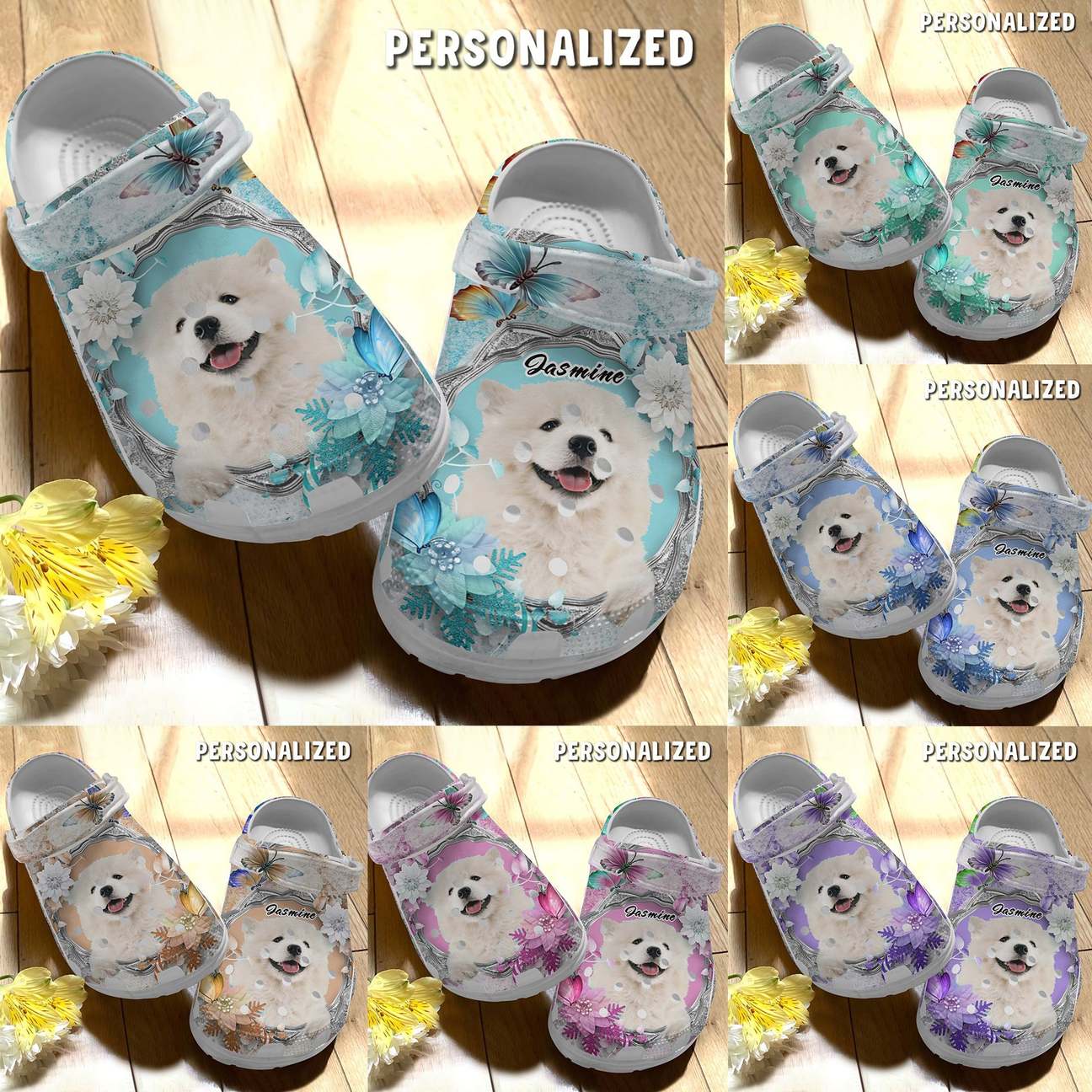 Samoyed Personalized Clog, Custom Name, Text Samoyed Butterfly, Fashion Style For Women, Men, Kid, Print 3D