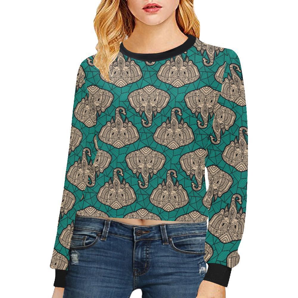 Boho Head Elephant Cropped Pullover Sweatshirt