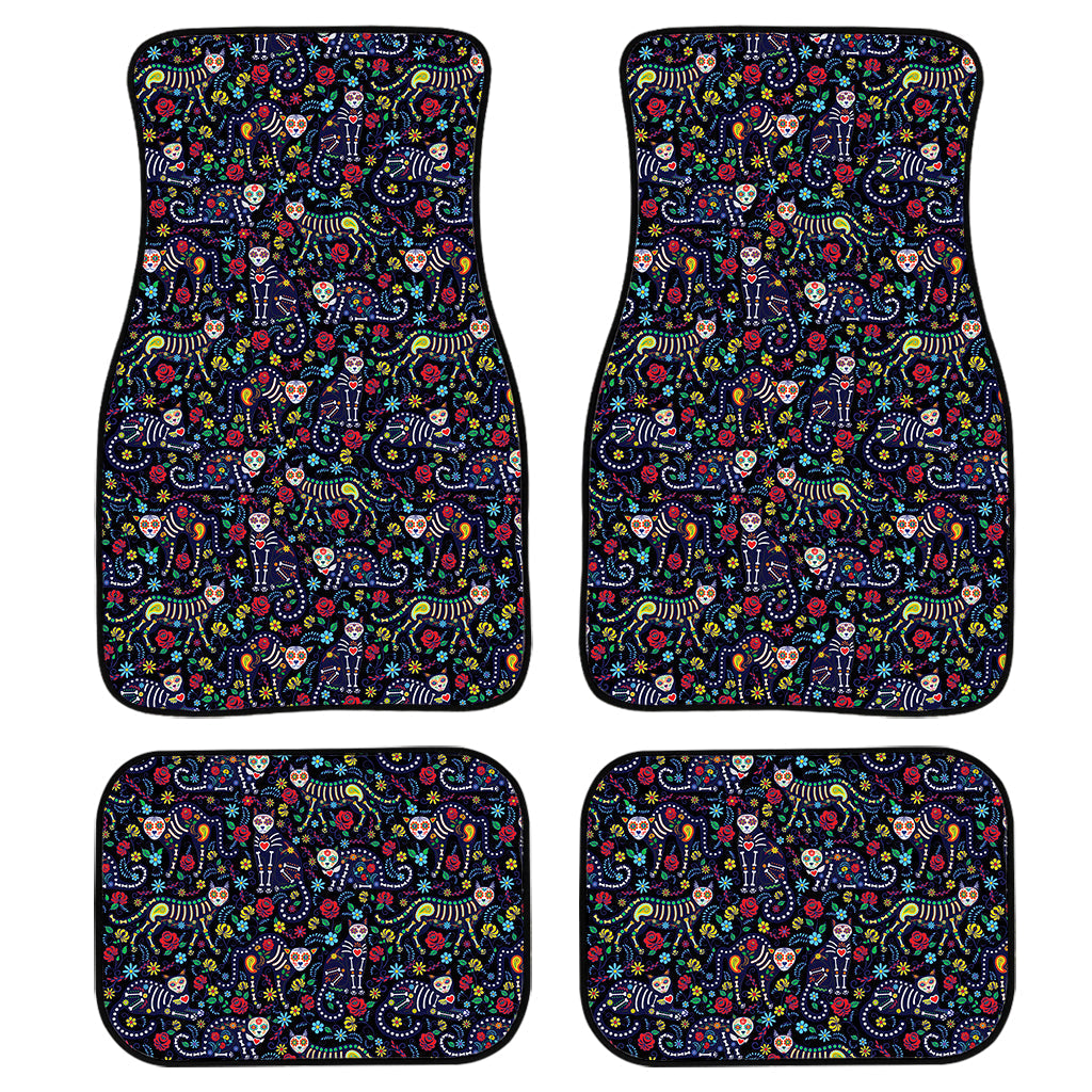 Day Of The Dead Calavera Cat Print Front And Back Car Floor Mats, Front Car Mat