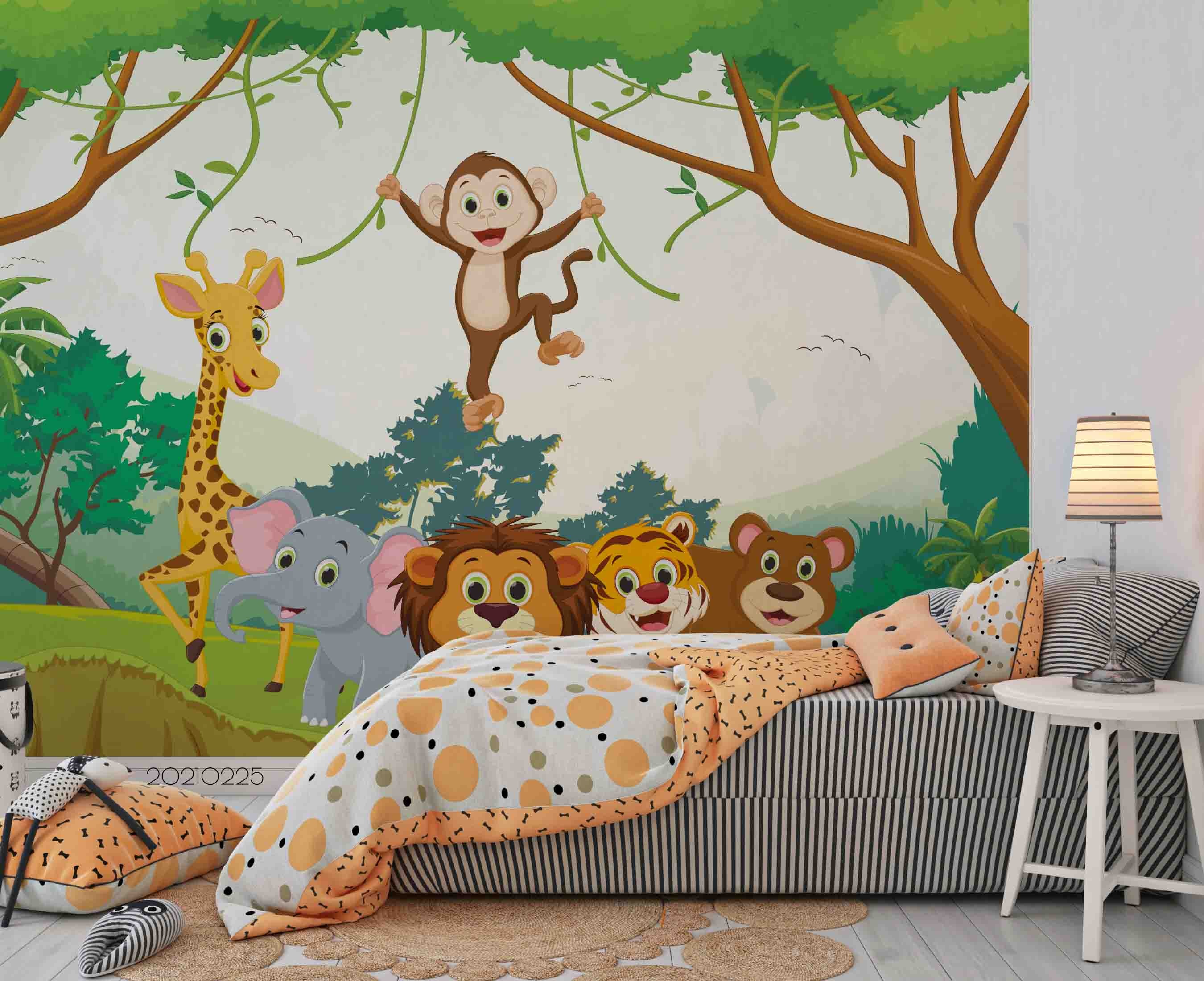 3D Cartoon Forest Animal Giraffe Monkey Wall Mural Wallpaper Lqh 205