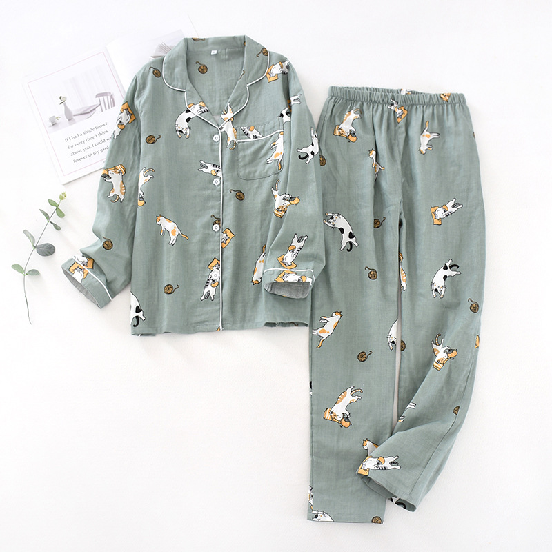 Women Cotton Pajama Set for Spring Summer Autumn Comfortable Cat Cartoon Printing Casual Home Sleepwear Women Sleepwear Clothes alx