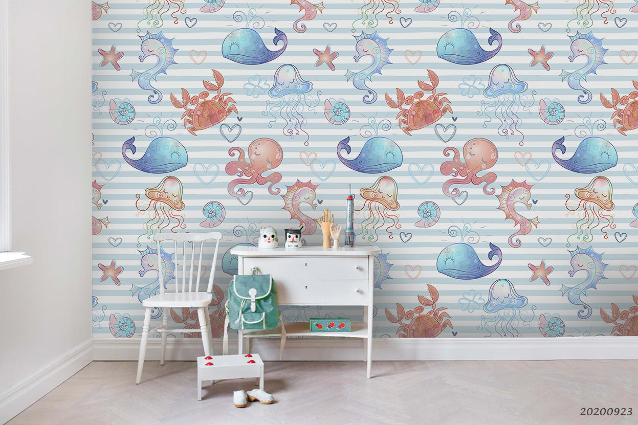 3D Cartoon Crab Whale Starfish Shells Wall Mural Wallpaper Wj 3181