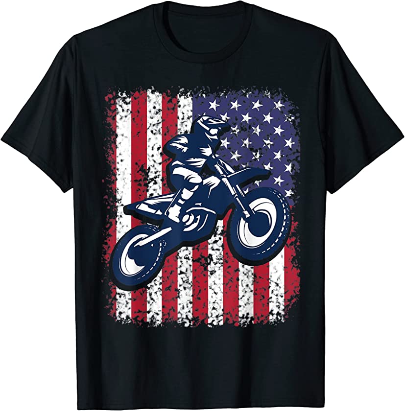 Vintage USA Motorcross American Flag Patriotic Dirt Bike T-Shirt