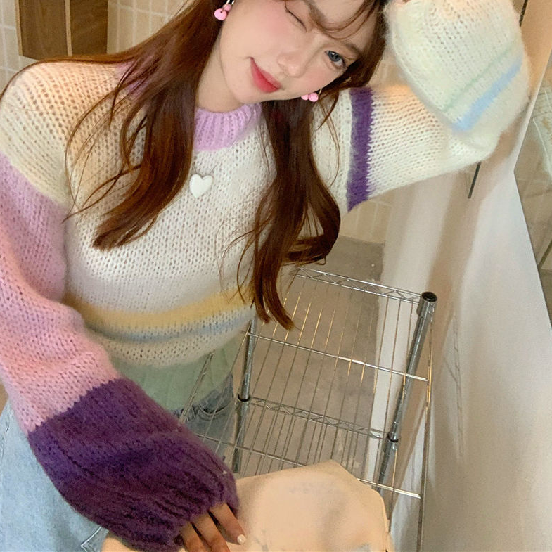 Sweaters Women Colorful Japanese Style Sweet Patchwork Knitted Pullovers Younger Straight Ins Prevalent Simple O-neck Leisure alx