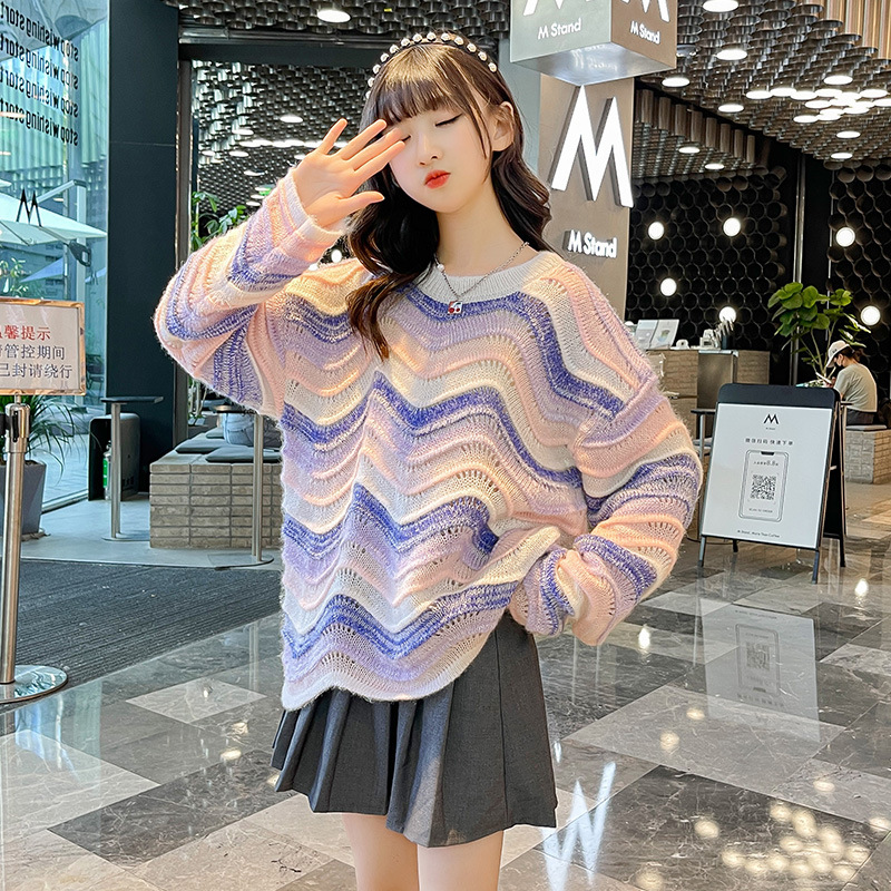 Spring Autumn Gradient Rainbow Girls Knitted Sweater Coat for Girls Pullover Clothes Fashion Loose Kids Tops 6 8 10 12 14 Years alx