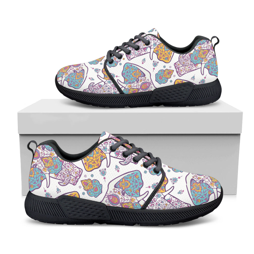 Indian Flower Elephant Pattern Print Black Athletic Shoes