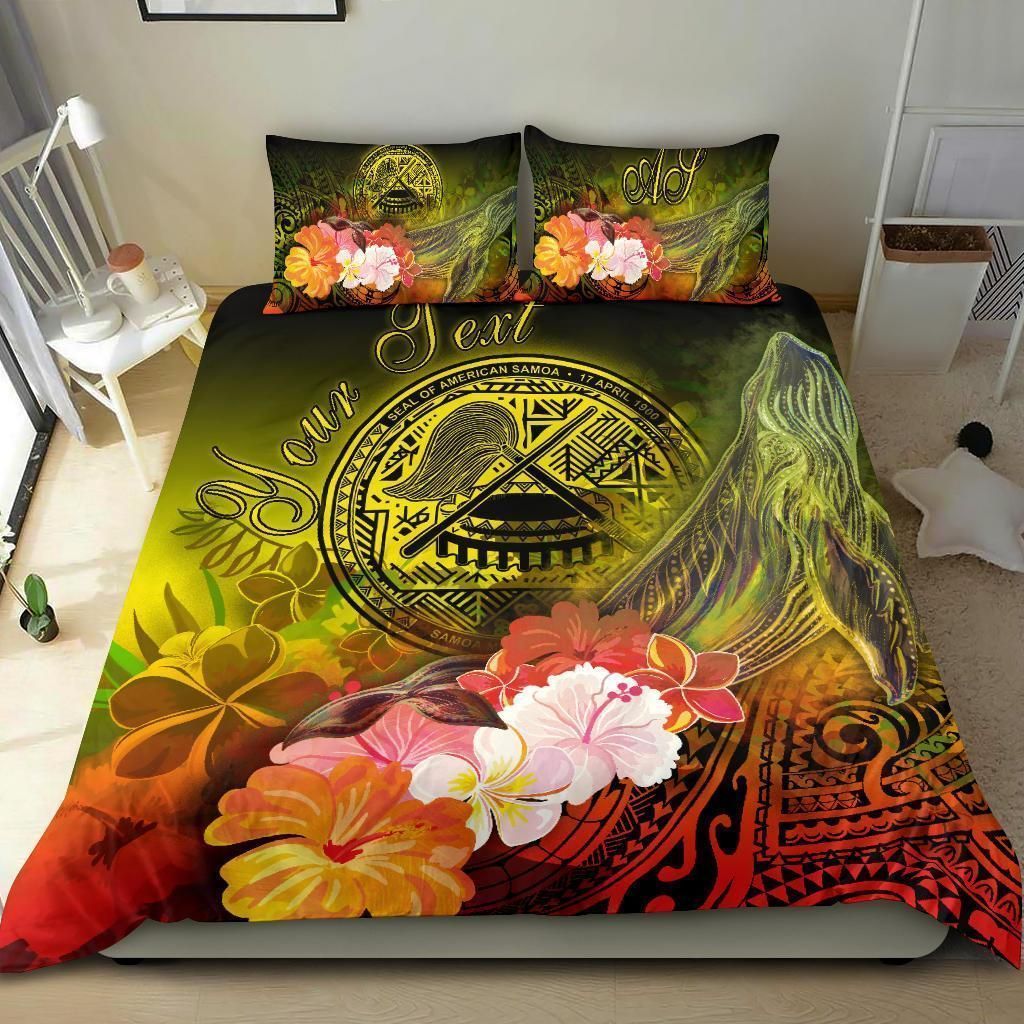 Alohawaii Bedding Set – Cover And Pillow Cases American Samoa Polynesian Custom Personalised – Humpback Whale With Tropical Flowers – Bn18