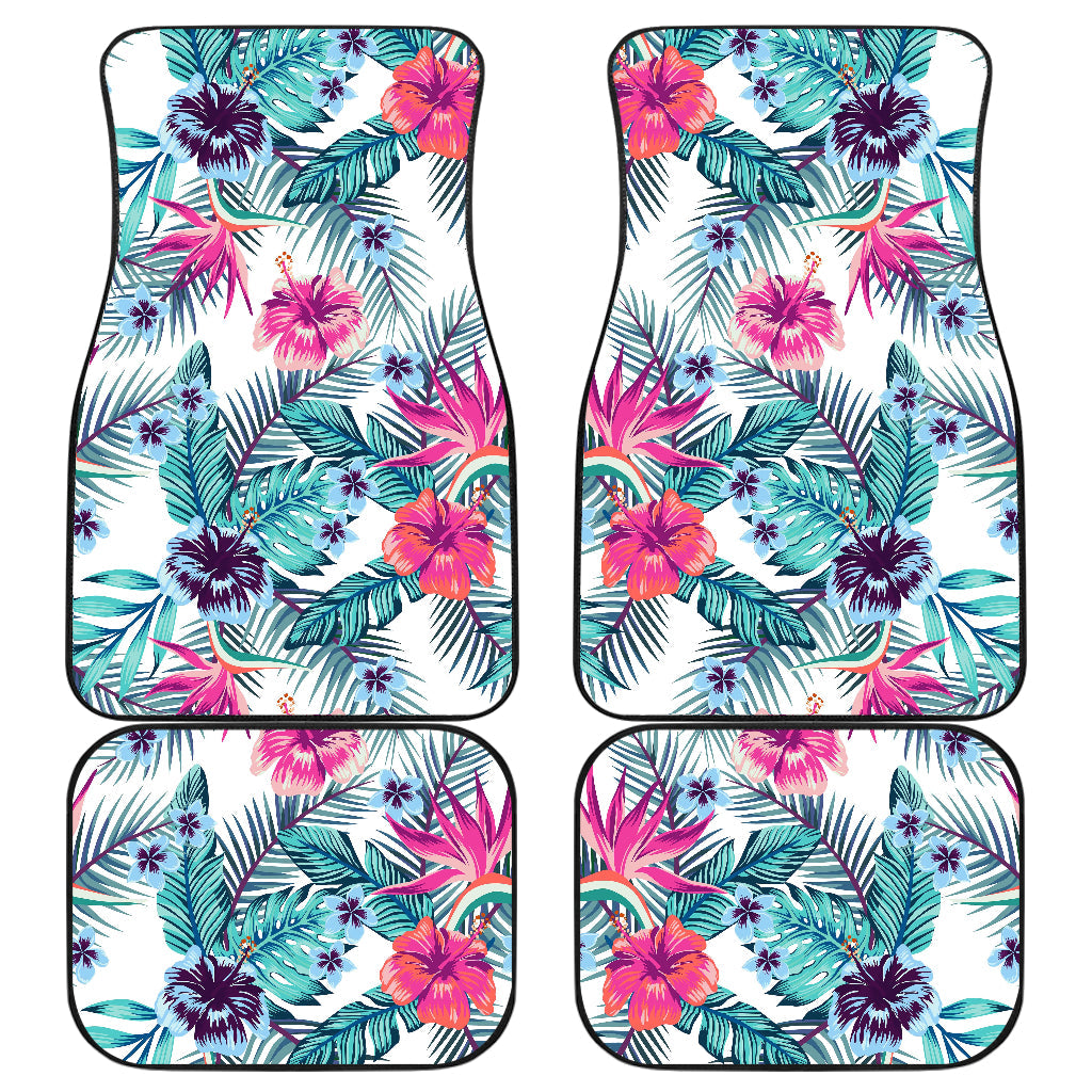 Neon Hibiscus Tropical Pattern Print Front And Back Car Floor Mats, Front Car Mat