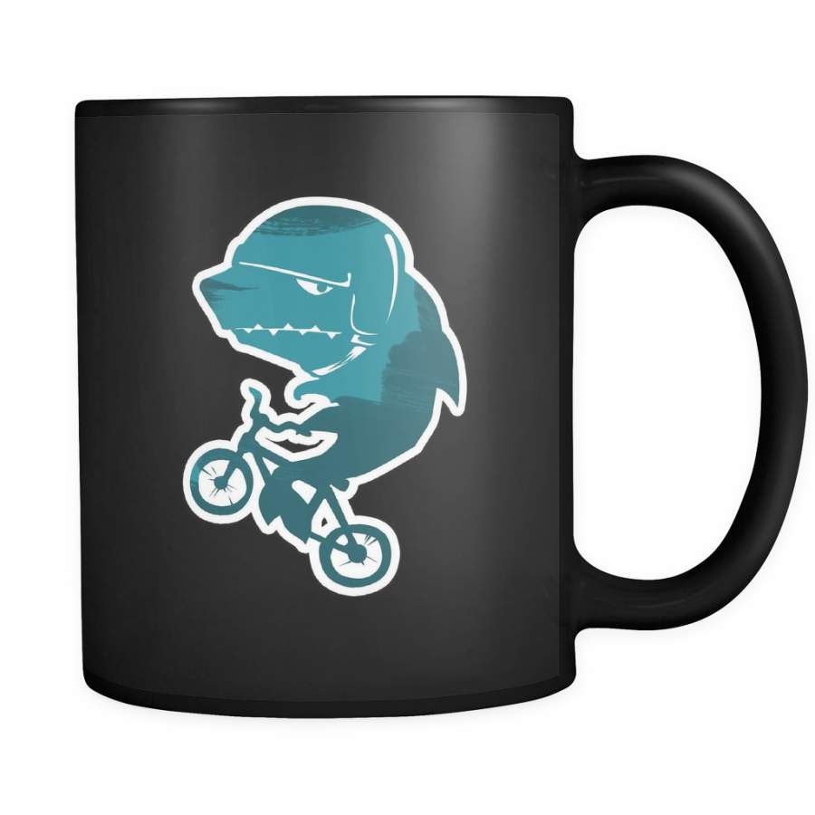 Shark on a Bike Cartoon Funny Sports Lover Black 11oz Mug