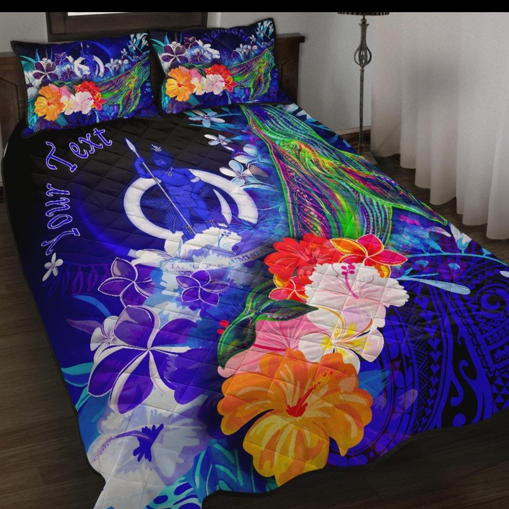 Vanuatu Custom Personalised Quilt Bed Set – Humpback Whale with Tropical Flowers (Blue)- BN18