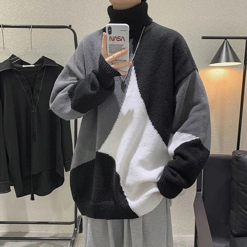 2022 Winter men’s round neck plush high neck long-sleeved sweater loose fashion hedging stitching three-color coat sweater alx