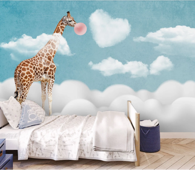 3D Cartoon Sky Cloud Giraffe Animal Wall Mural Wallpaper Lxl