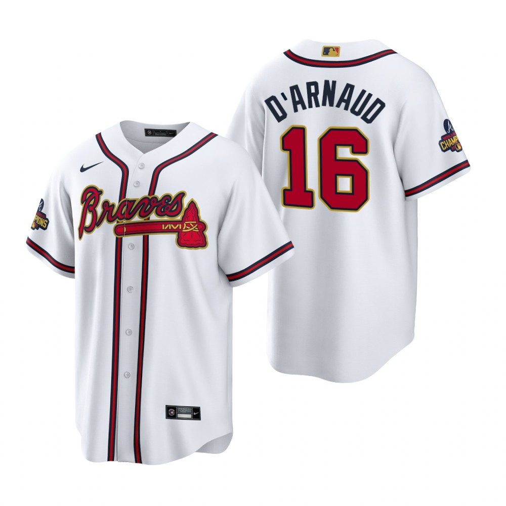 Travis d’Arnaud 16 Jersey, Atlanta Braves White 2022-23 Gold Program Jersey