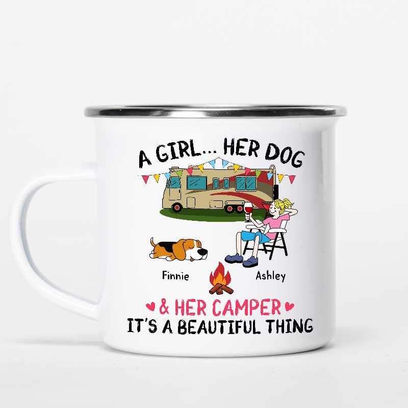 A Camping Girl And Her Fur Babies Personalized Campfire Mug