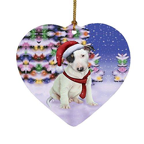 Winterland Wonderland Bull Terrier Puppy Dog In Christmas Holiday Scenic Background Heart Ornament