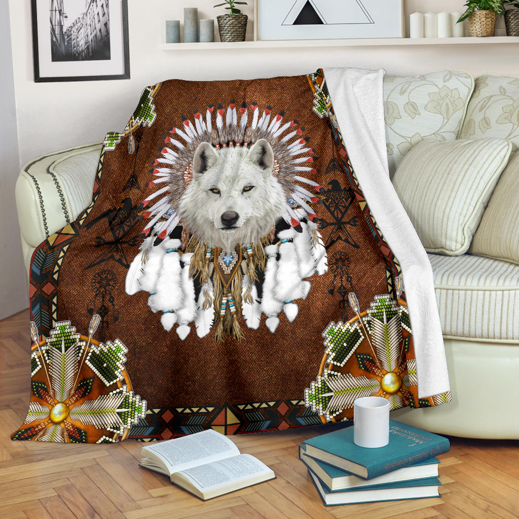 White Wolf With Headress Feathers Blanket Lt10