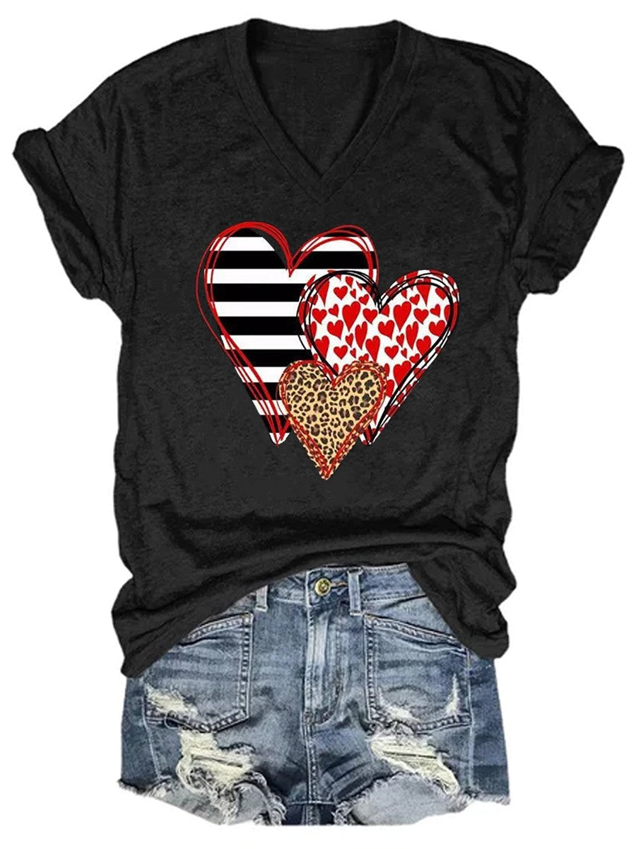 Women’S Valentine Heart Love Striped Leopard V-Neck T-Shirt