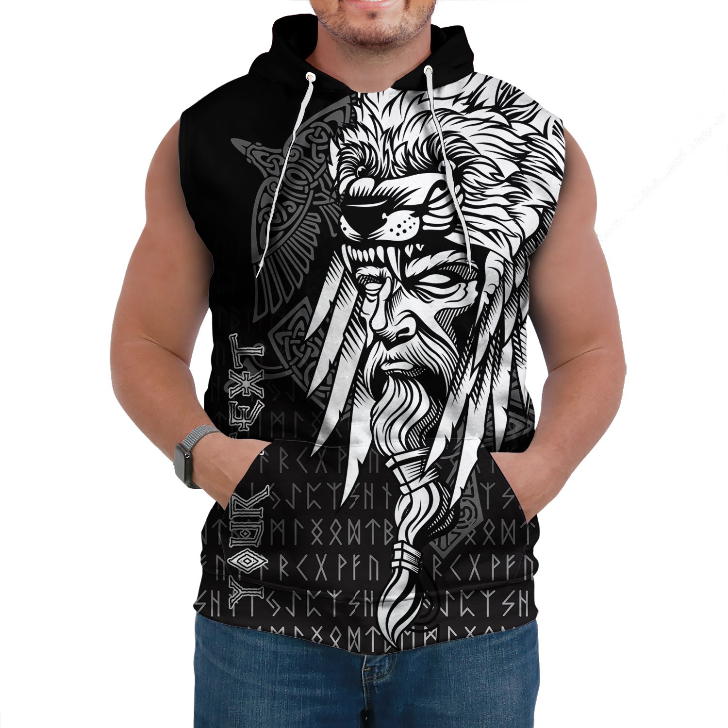 (Custom) Viking Sleeveless Hoodie Odin Raven and Fenrir on Hand A27