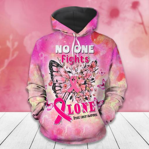 No One Fights Alone Breast Cancer Awareness Pink Ribbon Butterfly And Flowers Breast Cancer 3D Clothes