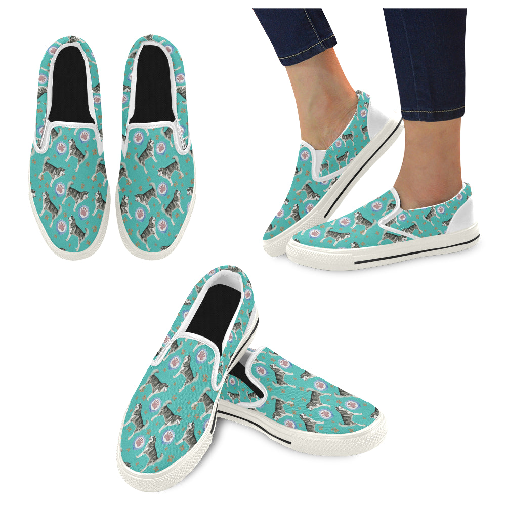 Alaskan Malamute Water Colour Pattern No.1 White Women’s Slip-on Canvas Shoes/Large Size (Model 019)