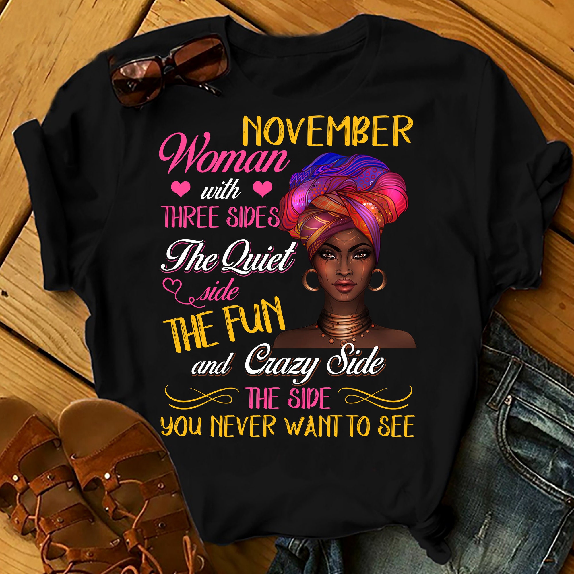 November Woman With Three Sides Shirts Women, Birthday T Shirts, Summer Tops, Beach T Shirts