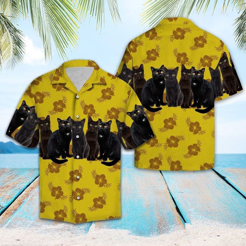 Black Cat Yellow Floral Summer Hawaii Shirt For Men And Women Ha58523