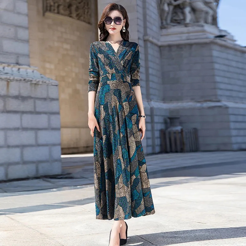 Autumn New Dress Women’s 2022 Fashion Printing V-Neck Waist Slim Travel Holiday Swing A-Line Dress Temperament Ladies Dresses alx