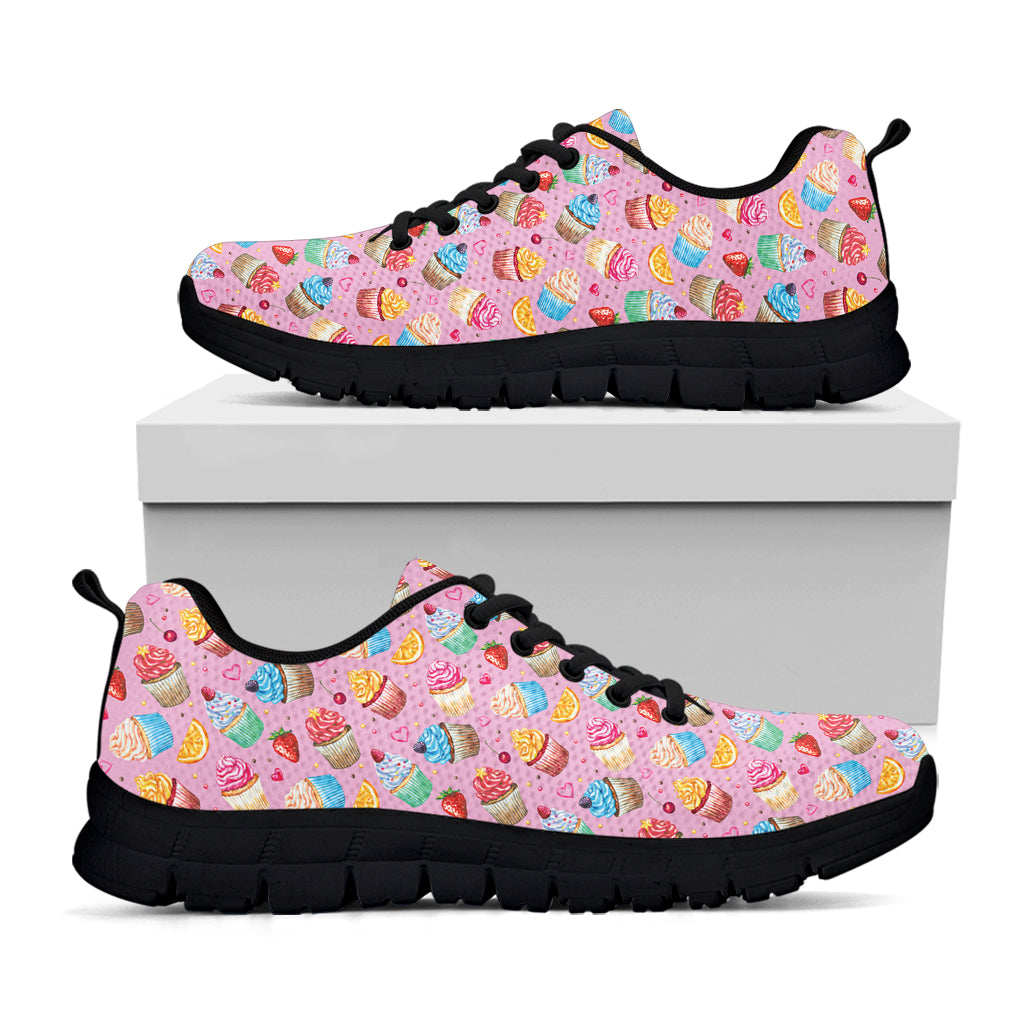 Watercolor Cupcake Pattern Print Black Sneakers