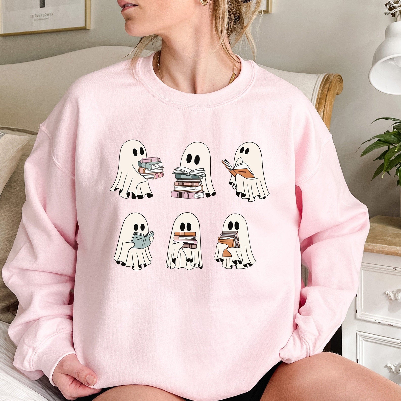 Ghost Reading Books Sweatshirt Halloween 2D Crewneck Sweatshirt All Over Print Sweatshirt For Women Sweatshirt For Men Sws3629