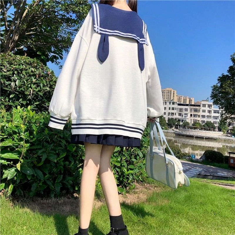 Bunny Hoodie Women Kawaii Sailor Collar Sweatshirt with Lush Sleeves Korean 2022 Casual E Girl Bow Tracksuit Cute Tops New alx